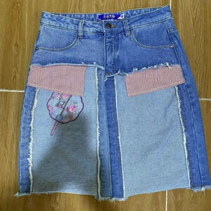 Y2K Denim Jeans Skit Women’s XL Expose Pockets Seams Midi Knee Length Light Blue